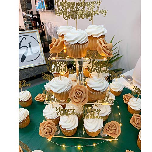 YestBuy 3 Tier Cupcake Stand Cake Display Holder Acrylic Cupcake Tower Display Cady Bar Party Décor 3 Tier Acrylic Display for Pastry + LED Light String Ideal for Weddings Birthday (Yellow Light)