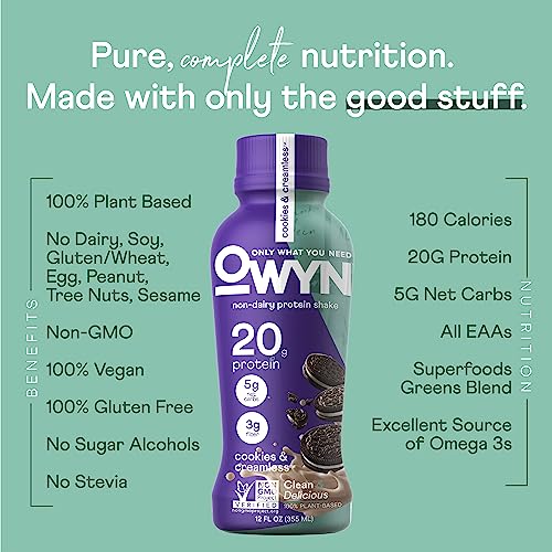OWYN Plant Based Protein Shake 20g Vegan Protein from Organic Pumpkin seed Flax Pea Blend Prebiotic supplement Superfood Greens all-in-one nutrition Gluten & Soy-Free (Cookies & Creamless 36 Pack)