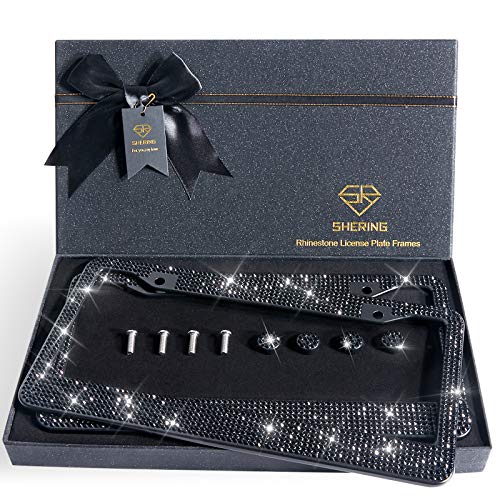 Shering Bling License Plate Frame 2 Pack License Plate Frame with Premium Gift Box for Women Rhinestone License Plate Frames with 1200pcs Rhinestones (Black Rhinestones)