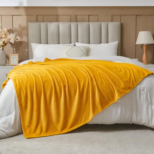 NEWCOSPLAY Super Soft Twin Blanket Mustard Yellow Premium Silky Flannel Fleece Leaves Pattern Lightweight Bed Blanket All Season Use (Mustard Yellow Twin(60\"x80\"))