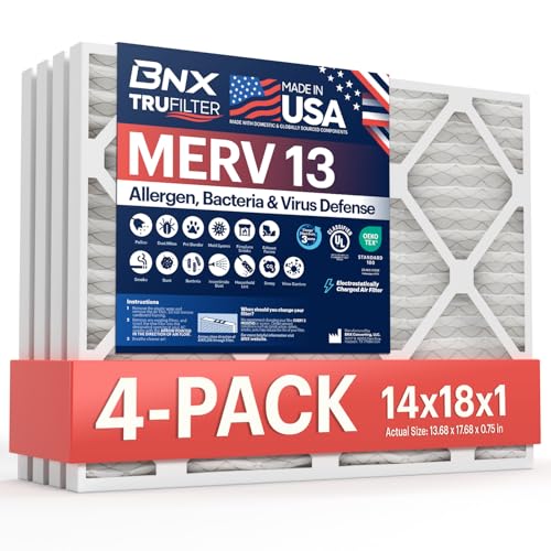 BNX TruFilter 14x18x1 MERV 13 (4-Pack) AC Furnace Air Filter - MADE IN USA - Electrostatic Pleated Air Conditioner HVAC AC Furnace Filters - Removes Pollen Mold Bacteria Smoke BN-M13S-14X18X1-4PP