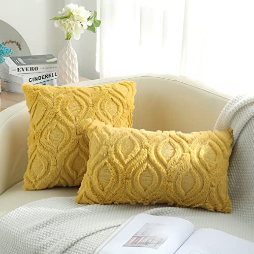 decorUhome Decorative Throw Pillow Covers 22x22 Soft Plush Faux Wool Couch Pillow Covers for Home Set of 2 Mustard Yellow