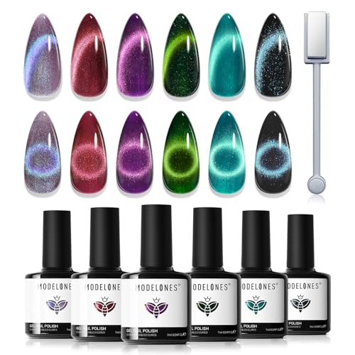 Modelones Cat Eye Gel Nail Polish 6 Colors Glitter Red Green Purple Blue Gel Polish Set with Magnet Sparkle Galaxy Series Nail Gel Polish Kit Soak Off Led Nail Art Gel Manicure Salon DIY Gifts