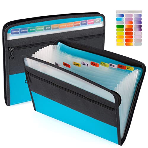 Expanding File Folder with Sticky Labels 13 Pocket Accordion File Folder Document Organizer Expanding Zip File Folder with Zipper Closure,Letter A4 Paper Document Accordion Folder Teal