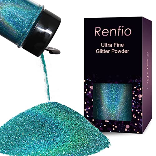 Renfio Holographic Ultra Fine Glitter Powder Metallic Resin Glitter 2.11 Oz (60g) PET Flakes Crafts Sequins 1/128\" 0.008\" 0.2mm Epoxy Chips Flakes for Tumblers Slime - Laser Light Teal Blue
