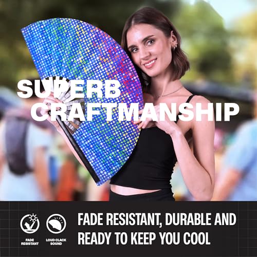 SoJourner Bags Rave Fan - Festival Fan - Large Folding Fan for Raves Halloween Burlesque Drag Queen Rainbow Outfits for Women & Festival Accessories - Clack Fan Hand Fan (Rainbow Lights)