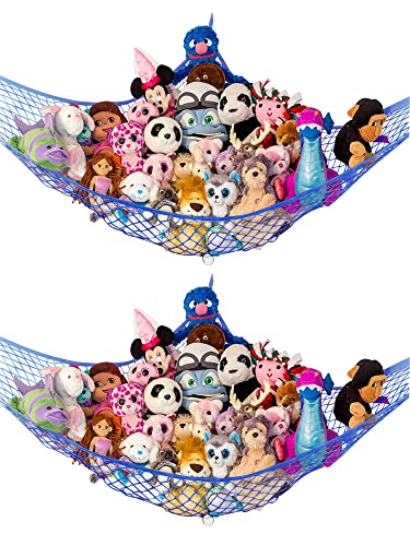 Lilly's Love Stuffed Animal Hammock | Corner Hanging Organizer Stuffed Animal Storage | Easy to Hang Plushie Net w/Included Anchors & Hooks | Cute Room & Bedroom Decor (Blue 2 Pack)