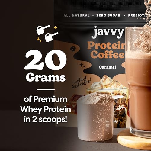 Javvy Caramel Protein Coffee - Premium Whey Protein & Instant Iced Coffee - 100% Arabica Coffee - Zero Artificial Flavors & Sweeteners 6 Servings
