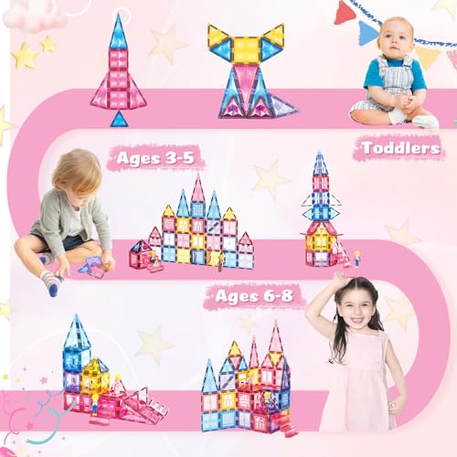 Princess Magnetic Tile Castle 3D Building Block Set - Sensory STEM Educational Building Toddler Kids Toys - Pink Magnetic Building Block with Doll Girl Birthday Gift for 3 4 5 6 7 8 Years Old