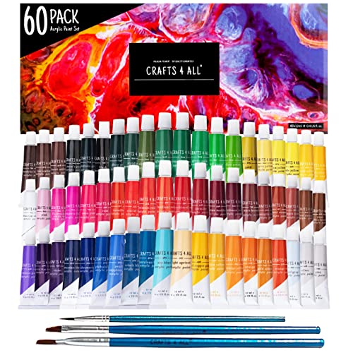 Acrylic Paint Set for Adults and Kids - 60 Pack of 12mL Paints with 3 Art Brushes Non-Toxic Craft Paint Halloween Pumpkin Painting Kit - Canvas Ceramic Rock Paint - Art Supplies