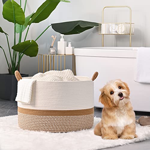 KAKAMAY Large Blanket Basket (20\"x13\") Woven Baskets for storage Baby Laundry Hamper Cotton Rope Blanket Basket for Living Room Laundry Nursery Pillows Baby Toy chest (White/Brown)