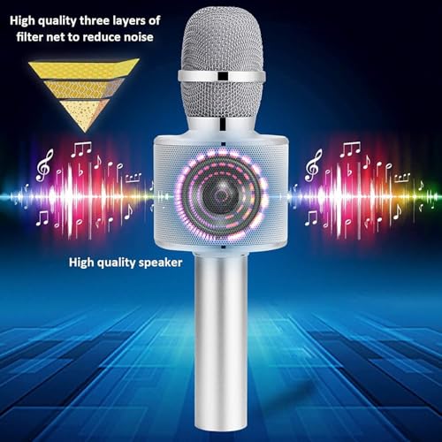 BONAOK Wireless Bluetooth Karaoke Microphone 3-in-1 Portable Handheld Mic Speaker Machine for All Smartphones for Girls Boys Kids Adults All Age Q37(Silver)