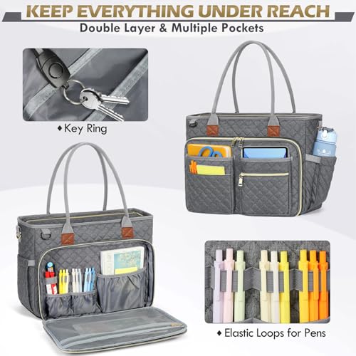 RAINSMORE Teacher Tote Bag 15.6 inch Laptop Bag for Women Large Laptop Tote Work Bag Nurse Bag Professional Computer Messenger Bag with Insulated Pocket Briefcase for Office College Nursing Grey