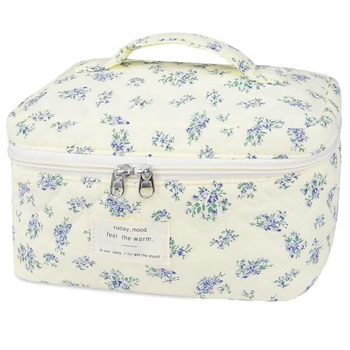 Gosect Large Travel Quilted Makeup Bag for Women Big Floral Cotton Cosmetic Bag Cute Coquette Aesthetic Floral Toiletry Organizer Bag (Blue Flower)