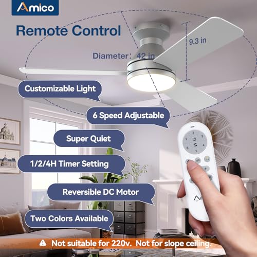 Amico Ceiling Fans with Lights 42 inch Low Profile Ceiling Fan with Light and Remote Control Flush Mount Reversible 3CCT Dimmable Noiseless Silver Ceiling Fan for Bedroom Indoor/Outdoor Use