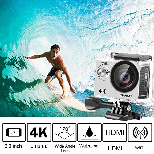 AKASO 4K Wi-Fi Sports Action Camera Ultra HD Waterproof DV Camcorder 12MP 170 Degree Wide Angle LCD Screen/Remote Sage/Silver (EK7000SL)