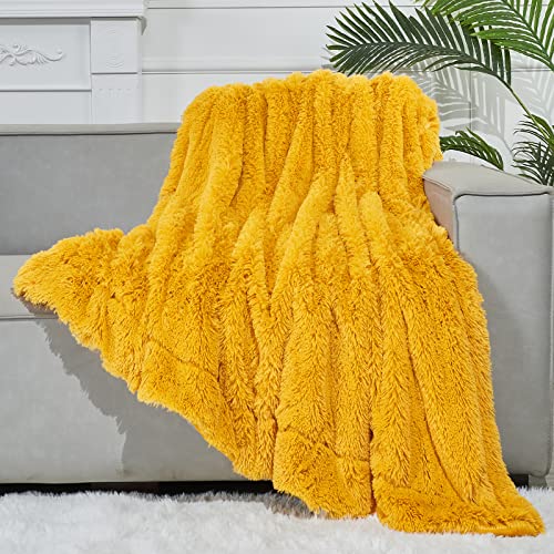 GONAAP Fuzzy Faux Fur Throw Blanket Mustard Yellow Super Soft Cozy Plush Fuzzy Shaggy Blanket for Couch Sofa Bed (Mustard Yellow Throw(50\"x60\"))