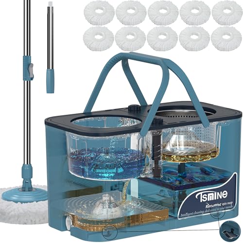 Mops and Buckets for Floor Cleaning 360 Spin Mop and Bucket with Separates Dirty and Clean Water 4-Chamber Mop Bucket with Wringer Set for Home with 10 Replacement Mop Heads 4X Wheel