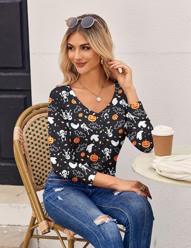 Zeagoo Halloween Pumpkin Shirts Women Fall T-Shirts Cute Autumn Graphic Tees Thanksgiving Tops Halloween Shirts Black Long Sleeve V-Neck T Shirt L