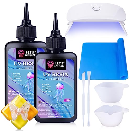 UV Resin Kit with Lamp Upgraded 200g Crystal Clear&Low Odor UV Resin Kit UV Light Silicone Mat Ultraviolet Epoxy Resin Hard UV Resin Starter Kit for Jewelry Craft Decor