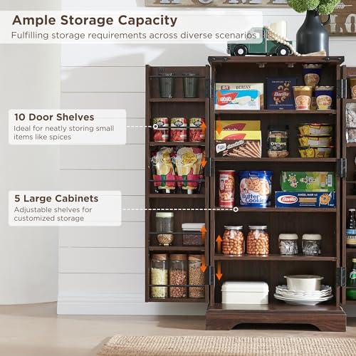 ACCOHOHO 47\" Kitchen Pantry Farmhouse Storage Cabinet with Barn Doors Organizer and Adjustable Shelves Rustic Wood Cupboard for Kitchen Dining Room Bathroom and Hallway Brown