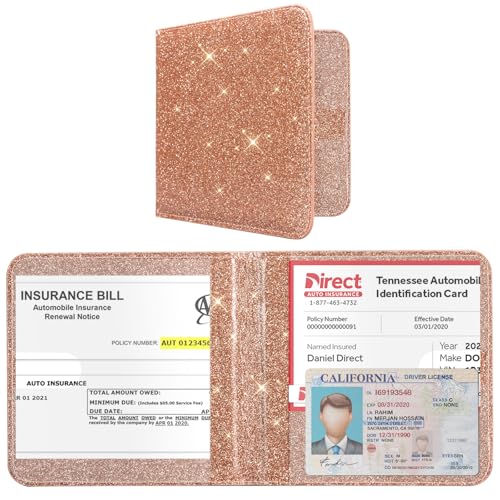 CoBak Car Registration and Insurance Holder - Vehicle Glove Box Car Organizer Auto Truck Comparment Accessories Case for Essential Document Driver License Cards (Glitter Rosegold)
