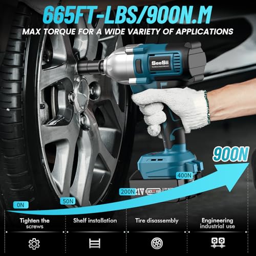 Seesii Cordless Impact Wrench 900N.m(665ft-lbs) Power Impact Gun 1/2 Inch 4.0Ah Battery 3300RPM Impact Wrench 6 Sockets Electric Impact Driver for Home Car Truck Mower Father Dad Husband