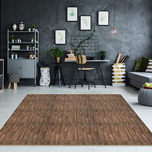 Sorbus Wood Floor Mats Foam Interlocking Wood Mats Each Tile 4 Square Feet 3/8-Inch Thick Puzzle Wood Tiles with Borders – for Home Office Basement (12 Tiles 48 Sq ft Wood Grain - Dark)