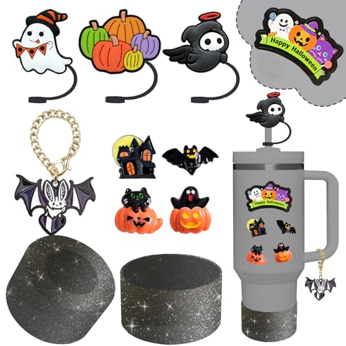 Stanley Cup Accessories Set Including 3 Pcs 0.4in Halloween Straw Cover 5 Pcs Halloween 3D&Flat Stickers 1 Pcs Handle Charm 1 Silicone Boot Fits Stanley 40&30 Oz Tumbler (Glitter Black)