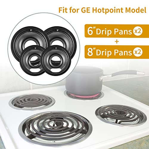 4 Pack Black Cooktop Drip Pans Compatible with GE Hotpoint Stove. Include 2 Pcs 6'' Range Replacement Drip Pans and 2 Pcs 8 '' Burner Drip Pans for Electric Stove Top