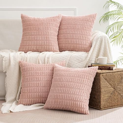 MIULEE Pack of 4 Pink Corduroy Decorative Throw Pillow Covers 16x16 Inch Soft Boho Striped Pillow Covers Modern Farmhouse Home Decor for Sofa Living Room Couch Bed
