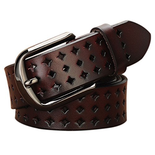 VONSELY Genuine Leather Belts for Women Hollow Out Design Soft Leather Womens Belts with Pin Buckle Coffee Leather Belt