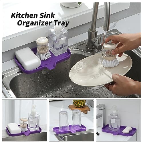 MicoYang Silicone Bathroom Soap Dishes with Drain Spout-Bathroom and Kitchen Sink Organizer Sponge Holder Dish Soap Tray Perfect for Dispenser Scrubber Bottle Cup on Sink or Counter-Purple 9.6\"×5.3\"
