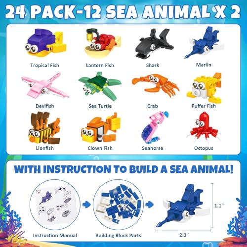 Asoulin Easter Party Favors for Kids 8-12 24 Pack Sea Animal Building Block Toys Set Birthday Easter Gifts for Boys Girls Toddlers Teen Age 6+ Easter Egg Fillers Goodie Bags Easter Basket Stuffers
