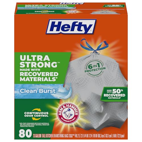 Hefty Ultra Strong Made with 50% Recovered Materials* Tall Kitchen Trash Bags Gray Clean Burst 13 Gallon 80 Count