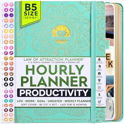 Hourly Planner - Undated Deluxe Weekly Monthly Planner 12 Month Journey to Increase Productivity & Happiness - Life Organizer Gratitude Journal