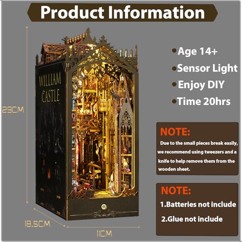 ISSEVE Book Nook Kit 3D Wooden Puzzle DIY Miniature House Kit for Book Nook Shelf Insert Decoration Magic Book House Stand Bookshelf Dollhouse for Adults with Sensor Ligh (Gothic Castle)