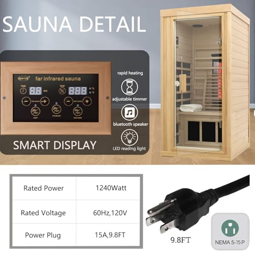 KUNSANA Ceramic Infrared Sauna 1 Person Infrared Sauna Hemlock Wood Home Sauna Spa Far Infrared Sauna Indoor Low EMF Infrared Saunas for Home with Smart Display Bluetooth Speaker 1 240 watt