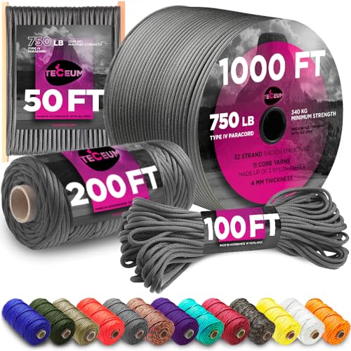 TECEUM Paracord Type IV 750 lb Dark Grey – 50 ft – 4mm – 100% Nylon Strong Tactical MIL–SPEC Parachute Cord – Survival Rope Emergency Para Cord 11 Strands Core EDC Camping Hiking Military Gear 030a n2