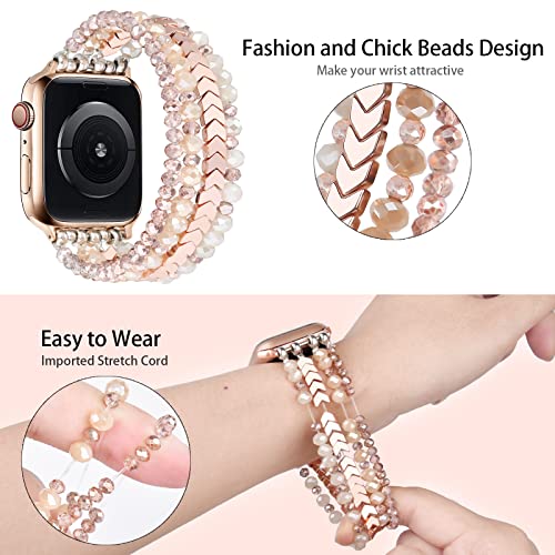 MOFREE Beaded Bracelet Compatible with Apple Watch Band 42mm/44mm/45mm/49mm/46mm Series 10/9/8/7/SE/6/5/4/3/2/1/Ultra Women Fashion Handmade Elastic Stretch Strap for iWatch Bands Rose Gold