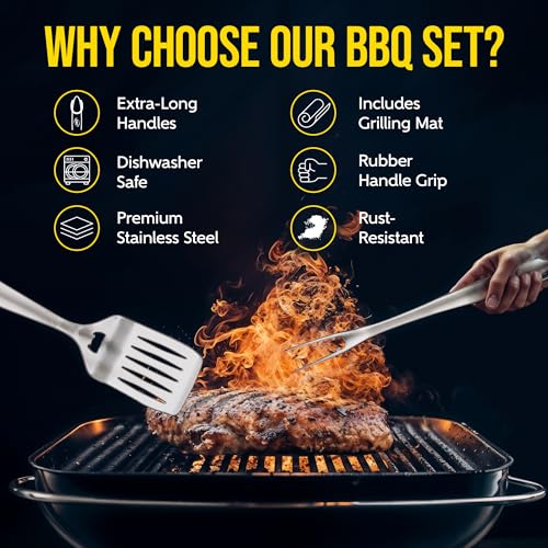 Kaluns Grill Set Heavy Duty Thick Stainless Steel Grilling Utensils 5 Piece Grilling Set Tong Fork Spatula Basting Brush Extra Long Grill Accessories