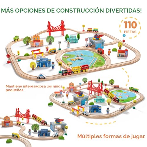 Tiny Land Train Set 110pcs Wooden Train Set Toy Train for Boys & Girls with Track for 3-7 Years Old Toddlers & Kids Railway Set