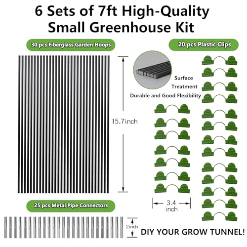 Garden Hoops Grow Tunnel 6 Sets of 7FT Greenhouse Hoops for Raised Beds Rust-Proof Fiberglass Frame for Garden Netting Small Greenhouse Kit Shade Cloth Plant Row Covers 30pcs