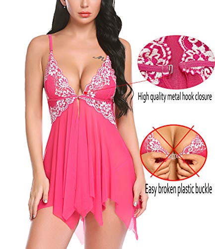 Avidlove Women Lingerie Set Lace Babydoll V Neck Nightwear Strap Chemise Rose Red L