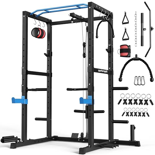 Sportsroyals Power Rack Multi-Functional Power Cage with LAT Pulldown Pulley System Squat Rack with More Training Attachments for Home Gym (Blue),1200 lbs Weight Capacity