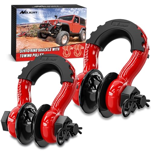 Nilight 3/4\" D Ring Shackle with Towing Pulley 2 Pack 4.75 Ton (9500 Lbs) 7/8\" Pin Heavy Duty Off Road Recovery Shackle with Isolators Washer Kit for Jeep Truck Tractor Vehicle ATV UTV Red