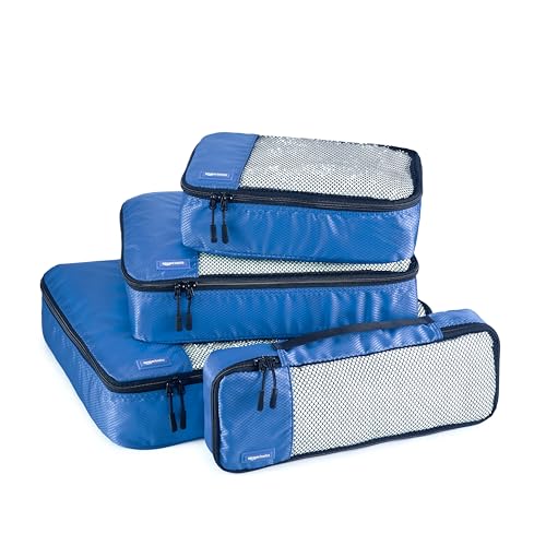 Amazon Basics 4-Piece Blue Zippered Travel Packing Cubes Set - S, M, L, Slim Luggage Organizer