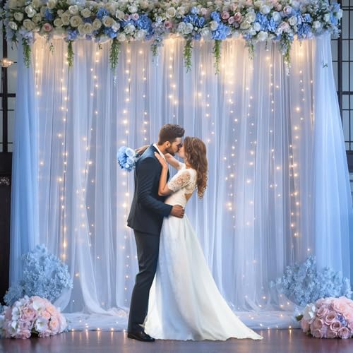 Blue Tulle Backdrop Curtains with Lights String for Parites Baby Shower 20×10ft Blue Sheer Backdrop Curtains Drapes for Bridal Shower Birthday Party Photo Shoot Background Decorations(4 Panels 5×10ft)