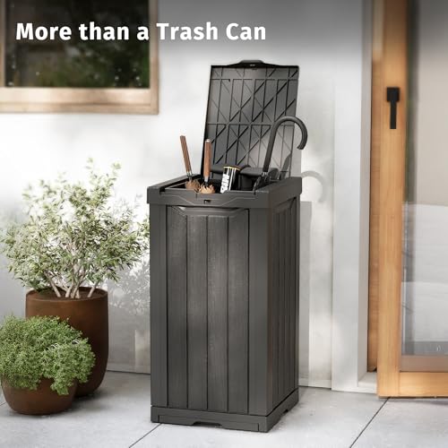 EAST OAK 31 Gallon Outdoor Trash Can | Waterproof Resin Garbage Can with Recycle and Garbage Labels | Secure Bag Lip Lock and Drip Tray | Outside Trash Bin for Patio | Kitchen Backyard or Deck | Gray