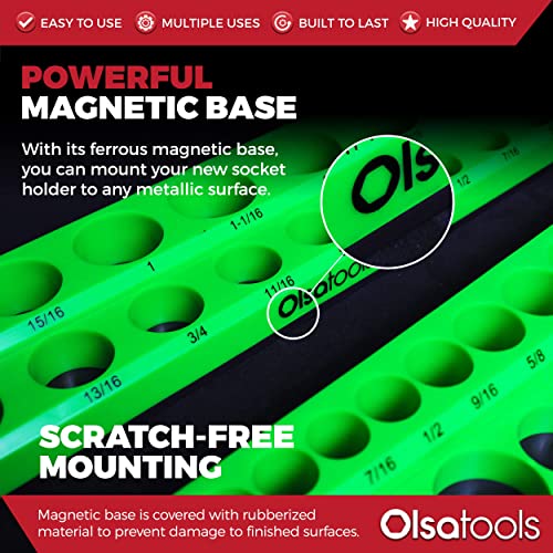 Olsa Tools Magnetic Socket Organizer | 3 Piece Socket Holder Kit | 1/2-inch 3/8-inch & 1/4-inch Drive | SAE Green | Holds 68 Sockets | Professional Quality Tools Organizer
